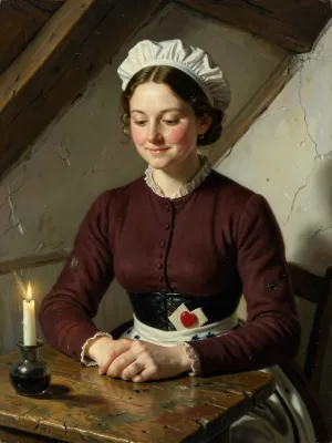 Dolly Mopp in her parlourmaid’s cap, smiling shyly.