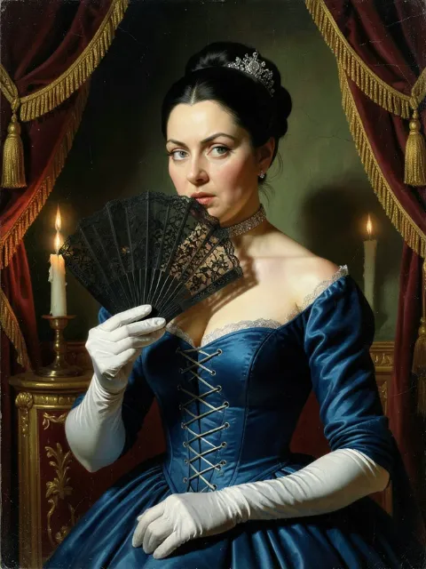 Lady Lavinia hides her smile behind a black lace fan.