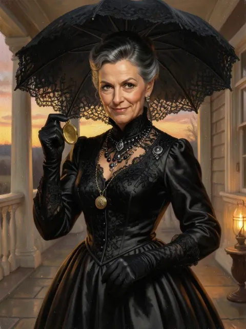 The Widow Pettigrew in black lace under a black parasol, smiling thinly.