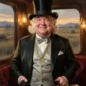Cornelius Vanderbucks, a railroad baron in a top hat, beaming beside a model locomotive.