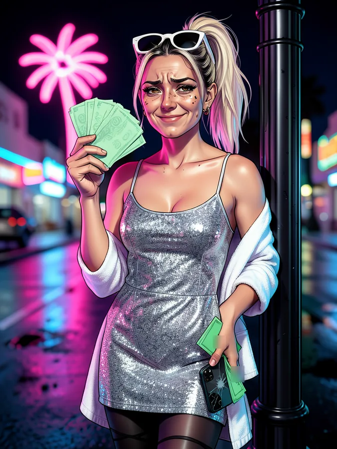 Jackie Potts, in a silver sequin dress on a neon Las Vegas street, fans out a handful of banknotes and looks faintly bored.