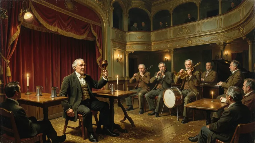 A candlelit Victorian music hall: gentlemen at little tables, a brass band, red velvet and gilt.