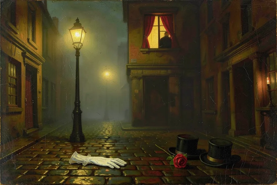 A gas lamp in thick fog over wet cobbles; a white glove, a red rose and two top hats lie by a doorway beneath a lit window.